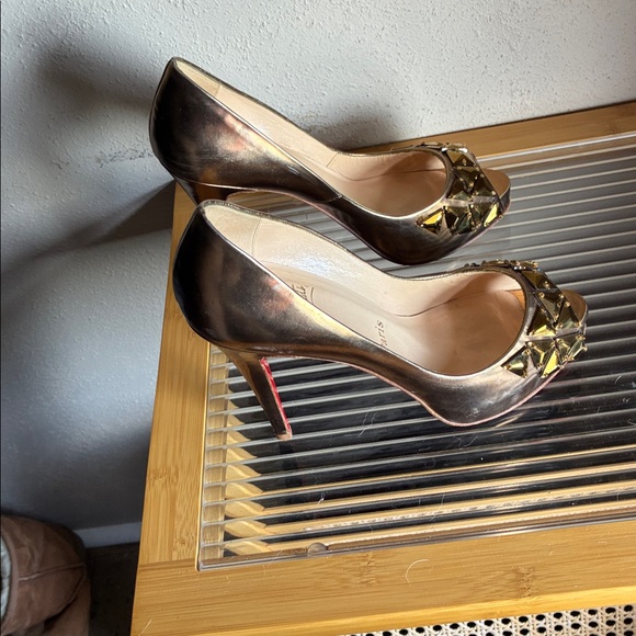 Christian Louboutin Black and Gold Studded Peep Toe Heels - Picture 4 of 6